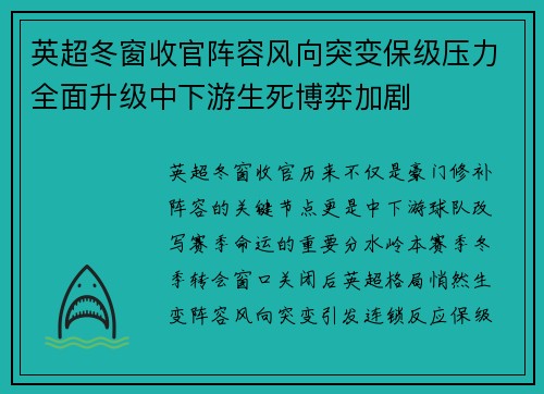英超冬窗收官阵容风向突变保级压力全面升级中下游生死博弈加剧 英超冬窗收官阵容风向突变保级压力全面升级中下游生死博弈加剧