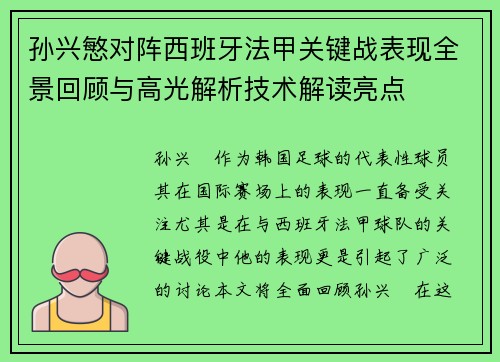 孙兴慜对阵西班牙法甲关键战表现全景回顾与高光解析技术解读亮点